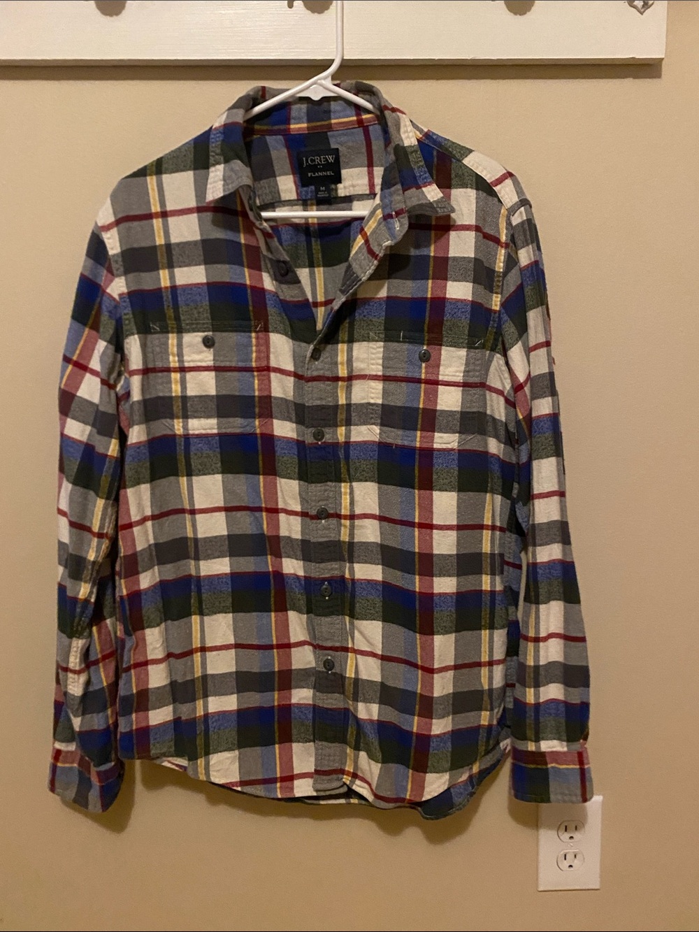 J. Crew Men's Plaid Button-Down Shirt in White, Blue & Green with Red Accents